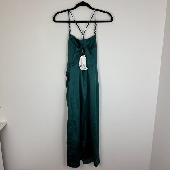 NWT ZARA Womens Satin Effect Lingerie Style Strappy Chain Dress Green XS Tall - Picture 3 of 11